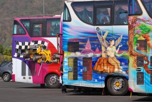 Busse auf dem Parkplatz vom Flowershow.